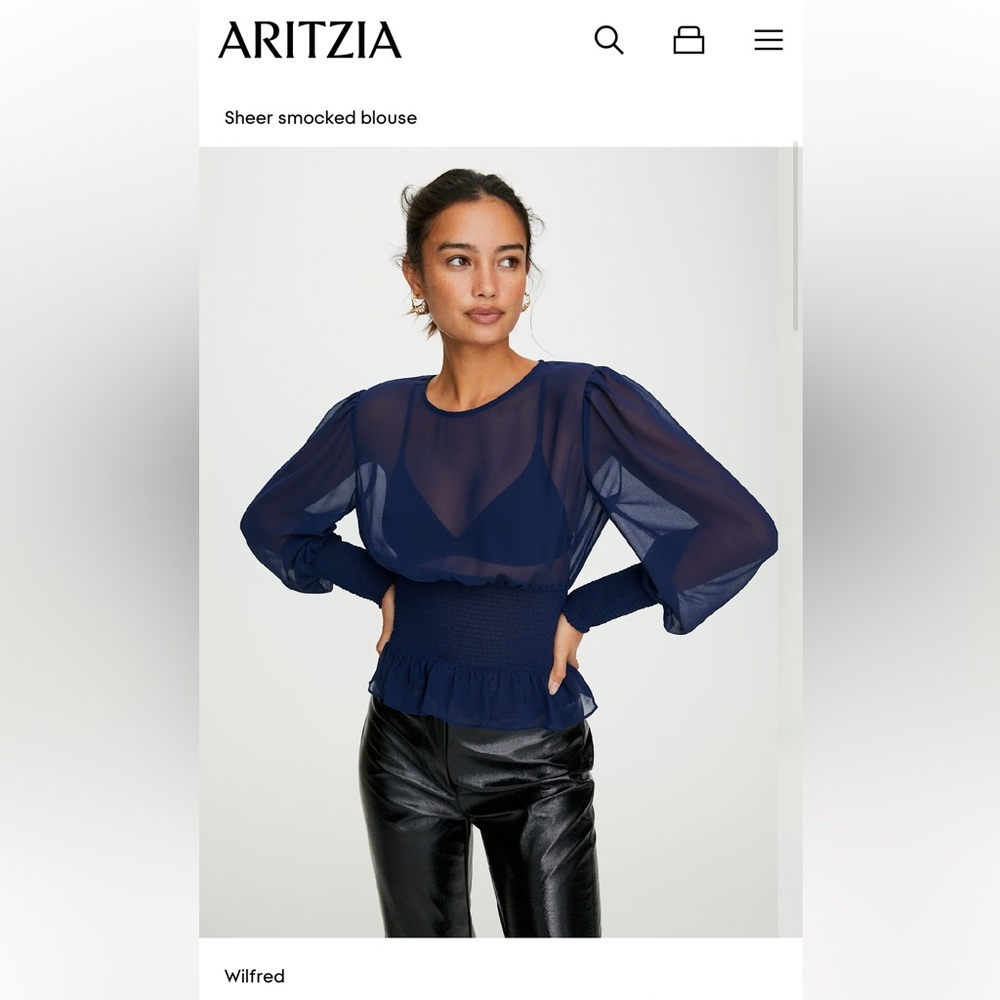 Wilfred Aritzia Ballad Blouse Sheer Navy Blue Smocked Blouse